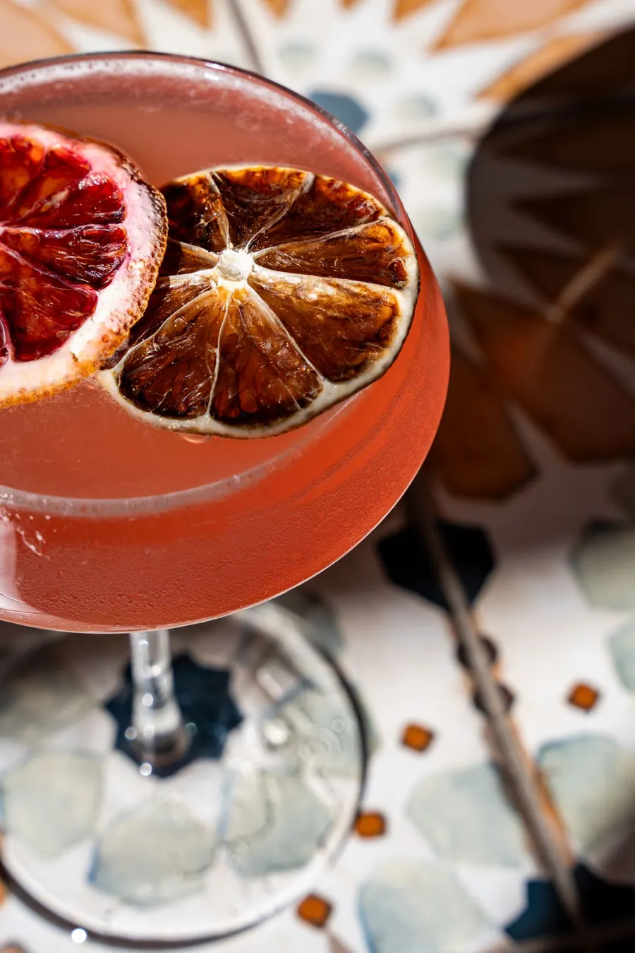 Blood orange specialty cocktail served in a coupe glass at POPULAR, Encino