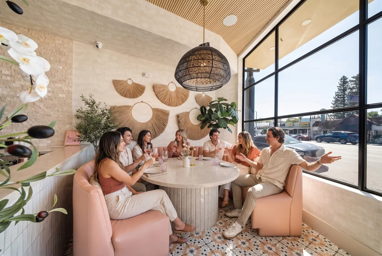 A group of friends gathered around a large round table for a celebration at POPULAR, Encino